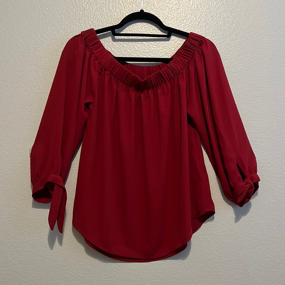 Burgundy top, cute off the shoulder
